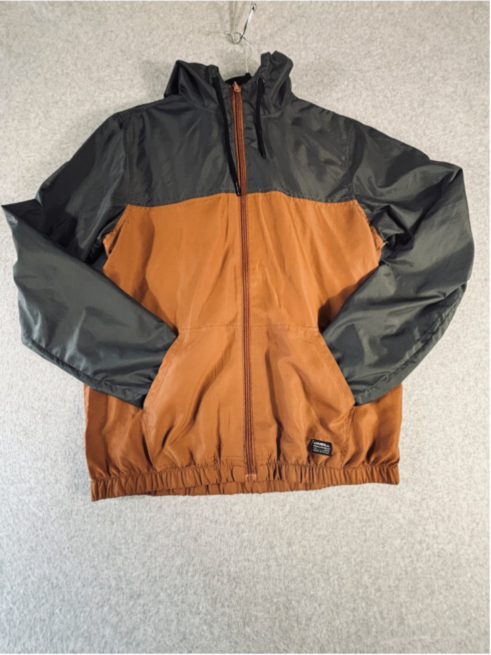 O’Neill Hooded Windbreaker Jacket Mens Small Brown Black Full Zip Surf Skate